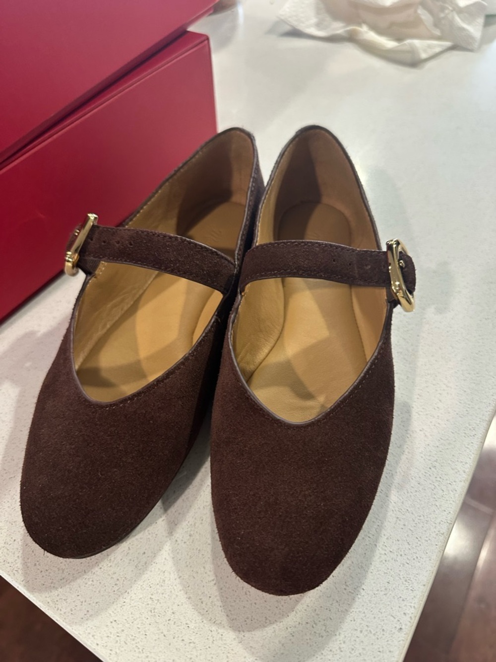 Madewell Brown Suede Mary Jane Flats with Gold Buckle